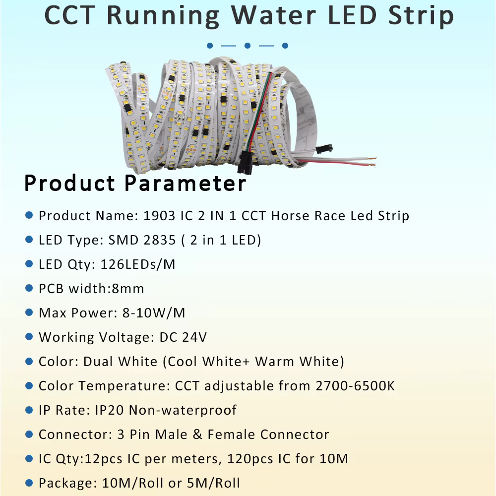 Bande lumineuse LED pour documents de touristes de course de chevaux, lampe linéaire de chasse, blanc froid et chaud, ruban d'eau courante, 24V, 2835 CCT, 20m, 1903 IC
