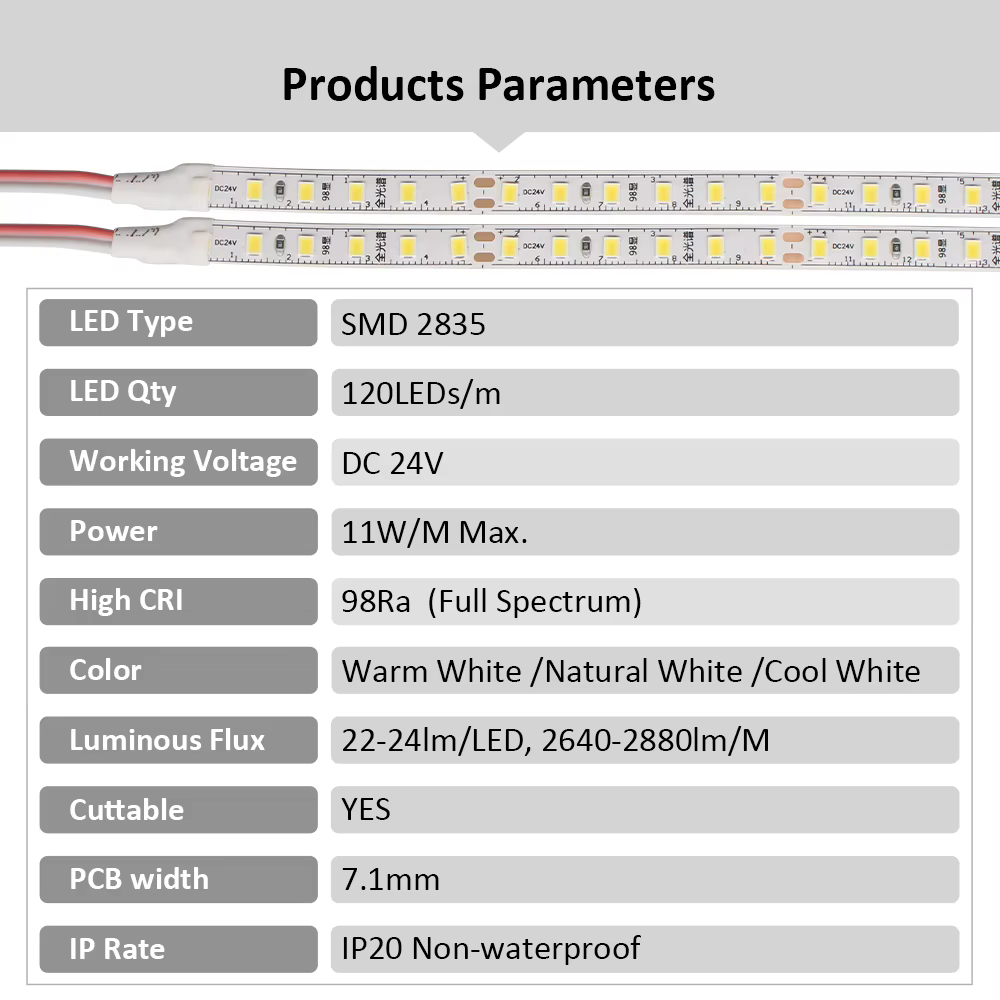 Bande Lumineuse LED Flexible, Ruban de Lecture, Lampes de Travail, Blanc Froid, Chaud, Naturel, Ra98, IP20, 2835 Diodes/m, 5m, 10m, 24V, 120