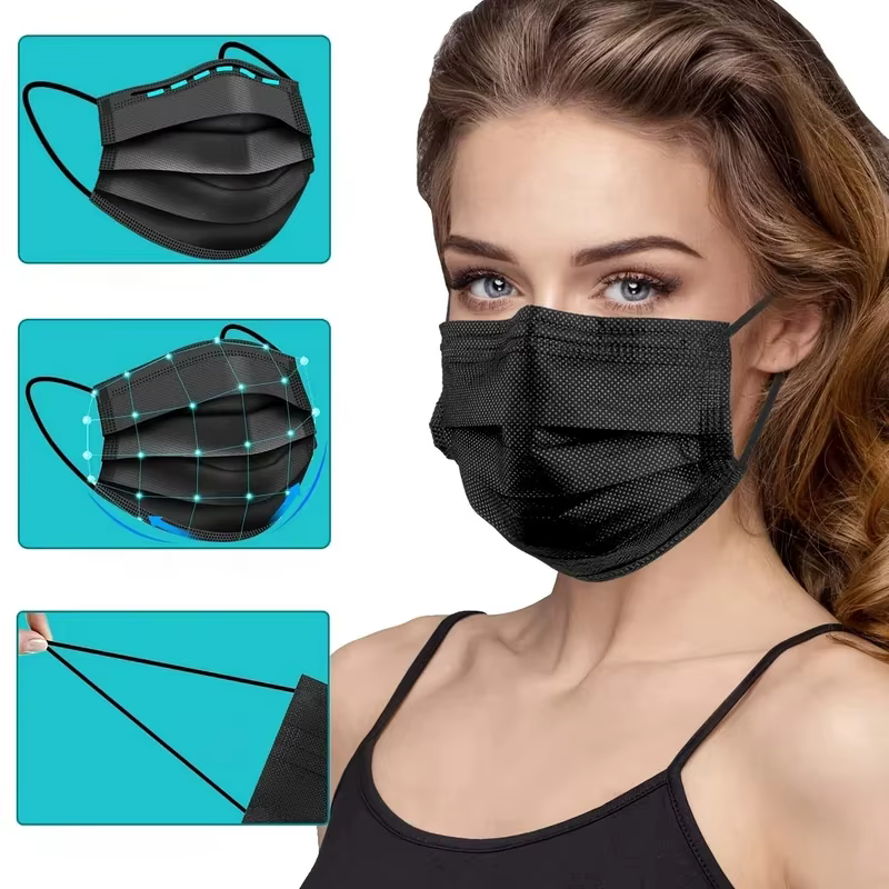 100 masques jetables à filtration protectrice à 4 couches, adaptés aux fêtes, aux voyages et aux activités de plein air.