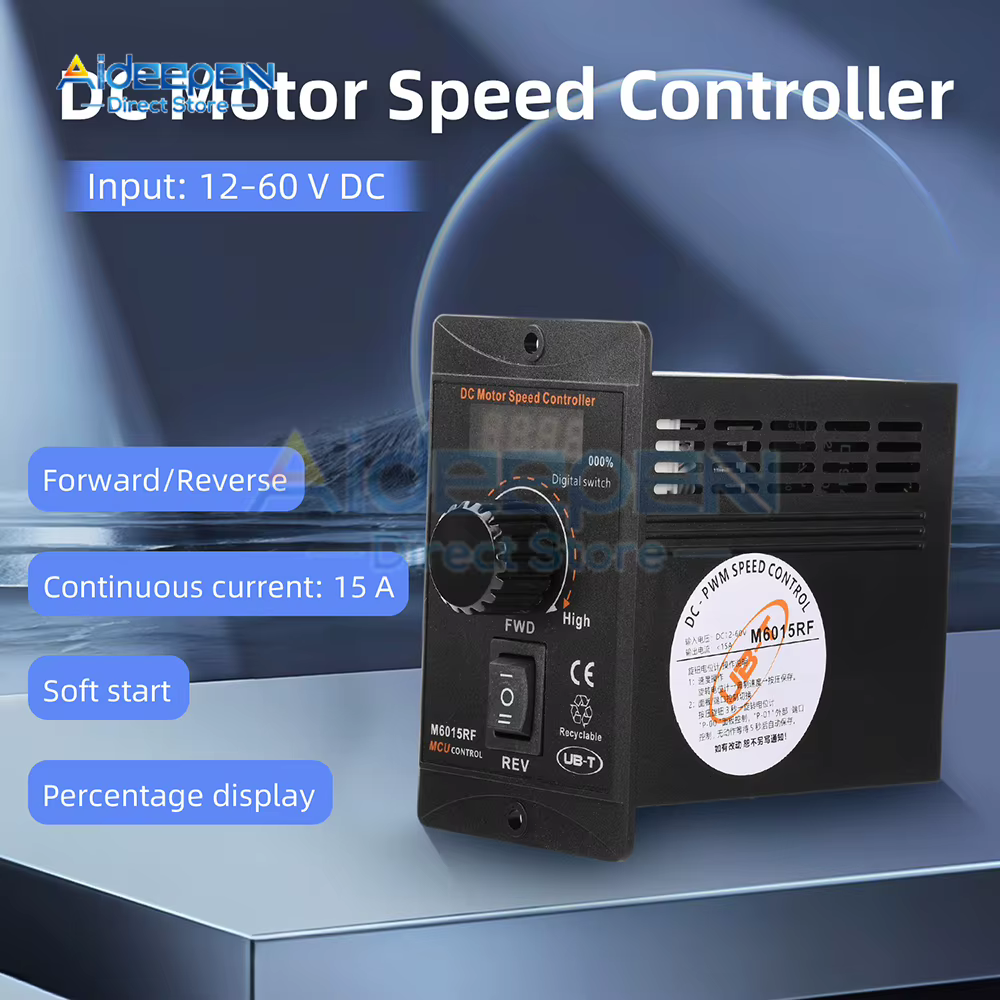 Contrôleur de moteur CC 12-60V 15A à courant élevé, régulation de vitesse PWM progressive, affichage numérique LED, contrôle avant/arrière pour le bricolage