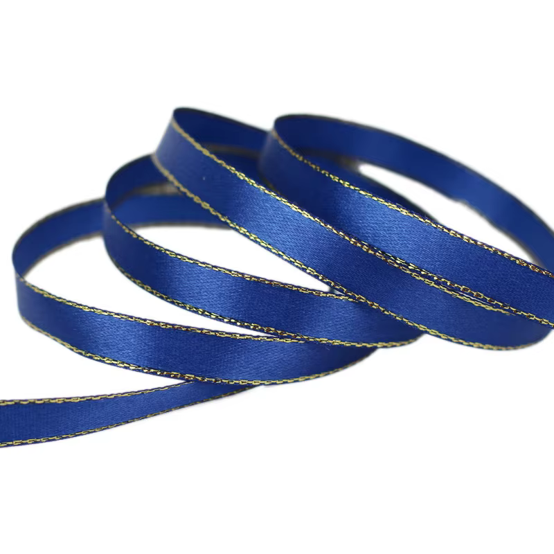 (25 Yards/Lot) Ruban en satin bleu foncé à bord doré Rubans d'emballage cadeau de haute qualité