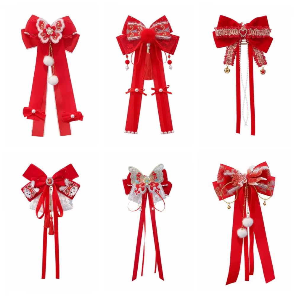 Pince à cheveux avec ruban à nœud rouge mignon, ruban à pampilles, épingle à cheveux pour nouvel an, Style Chienes Hanfu, ornement de cheveux, tresse