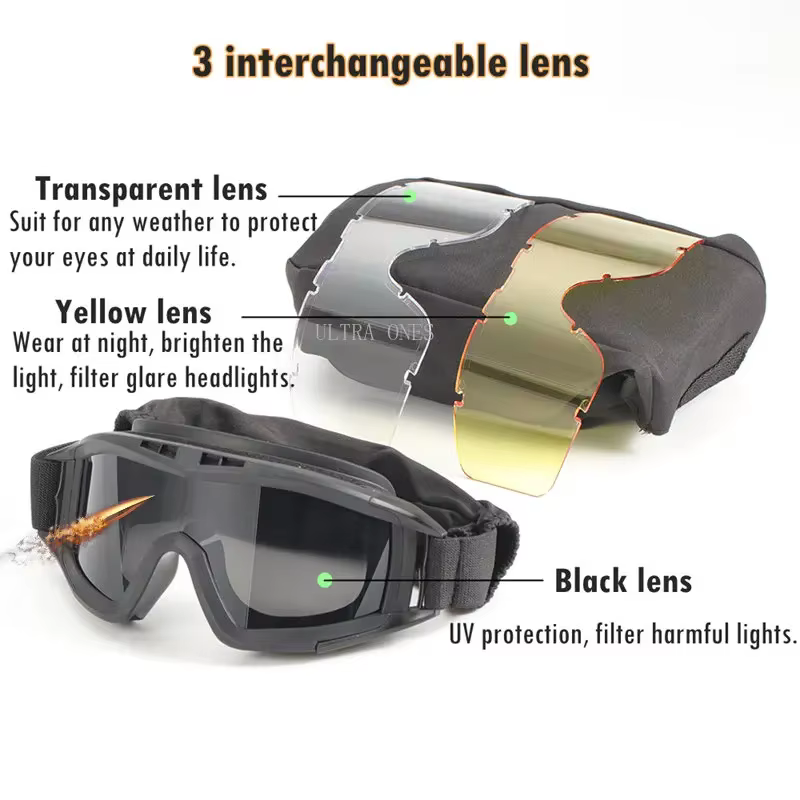 Lunettes de protection coupe-vent à 3 lentilles pour airsoft, tir sûr, équitation, randonnée, chasse, sport