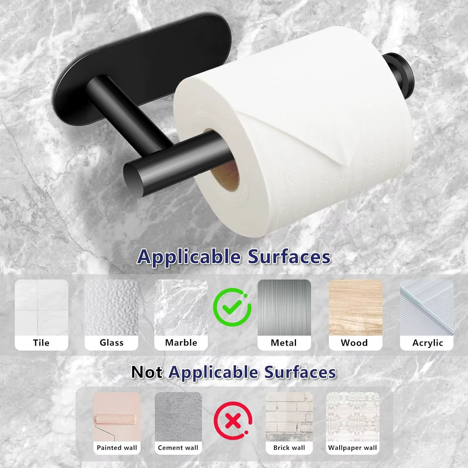 Porte-papier toilette noir sans perçage - Autocollant en plastique imperméable pour salle de bain et cuisine