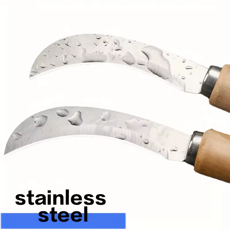 Couteau en acier inoxydable courbé avec manche en bois - Outil 2-en-1 pour le désherbage des jardins d'été, parfait pour une utilisation en extérieur