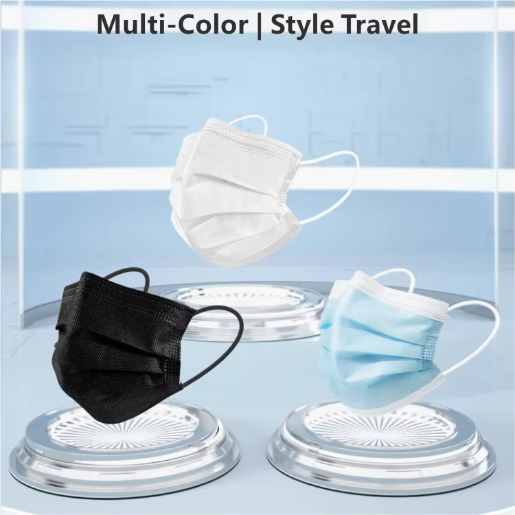 Masque jetable à trois couches, masque en tissu non tissé de couleur bleue, noire et blanche, masque anti-poussière respirant pour les voyages quotidiens et le bureau