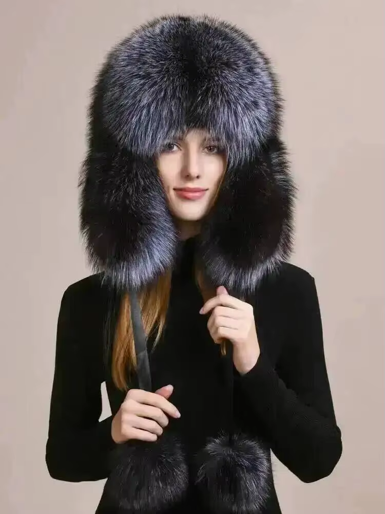 Chapeau d'hiver en vraie fourrure de renard pour femmes et hommes, casquette moelleuse et épaisse, douce, chaude, coupe-vent, protection des oreilles avec pompon en fourrure pour l'extérieur