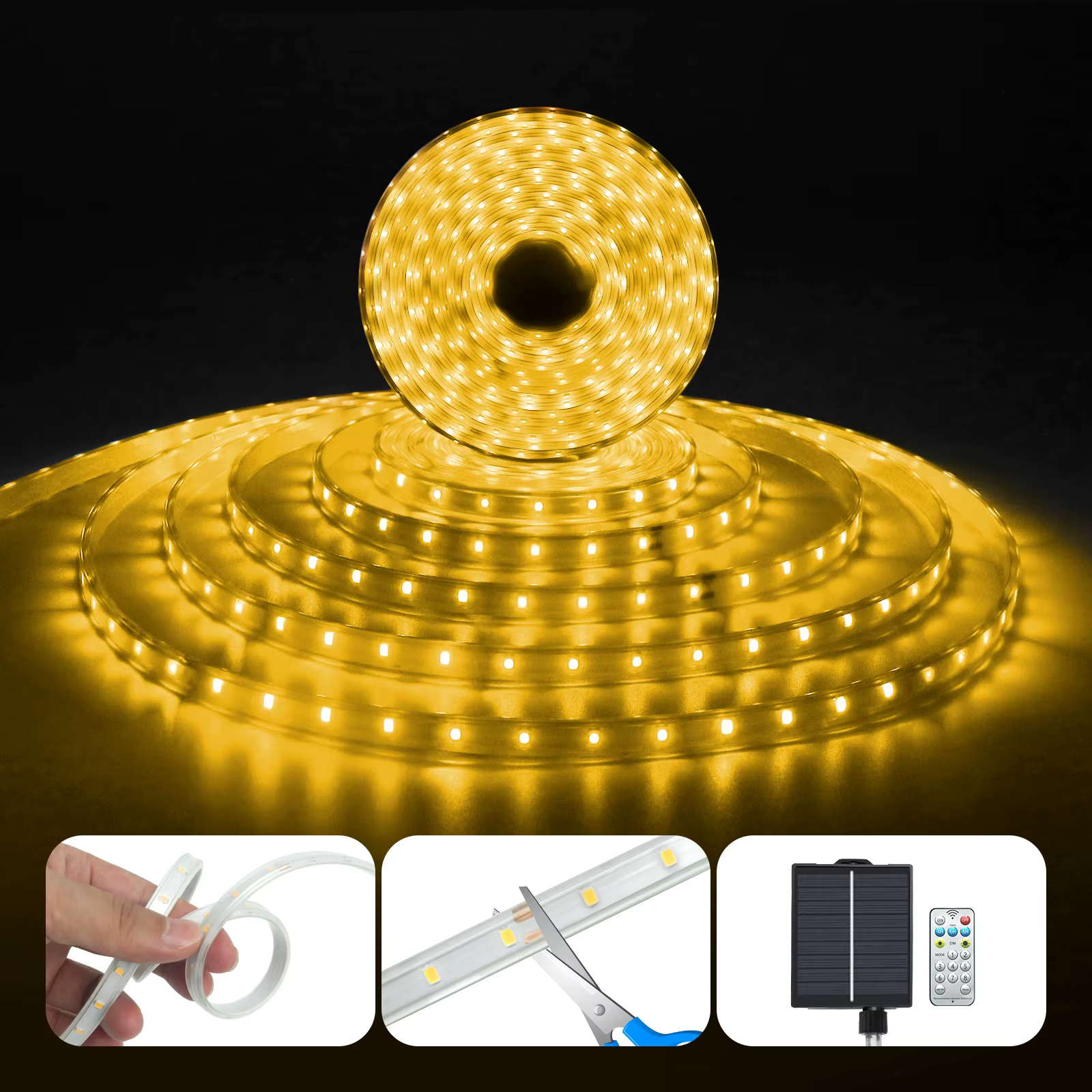 Bande lumineuse LED solaire étanche IP65, lumière chaude 3000K, 30m/20m/15m/10m, 5V, guirlande lumineuse de Noël, 8 modes, décoration de jardin et de cour
