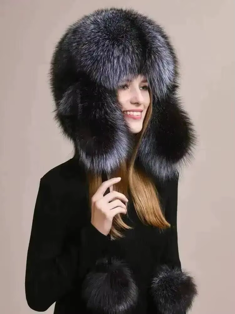 Chapeau d'hiver en vraie fourrure de renard pour femmes et hommes, casquette moelleuse et épaisse, douce, chaude, coupe-vent, protection des oreilles avec pompon en fourrure pour l'extérieur