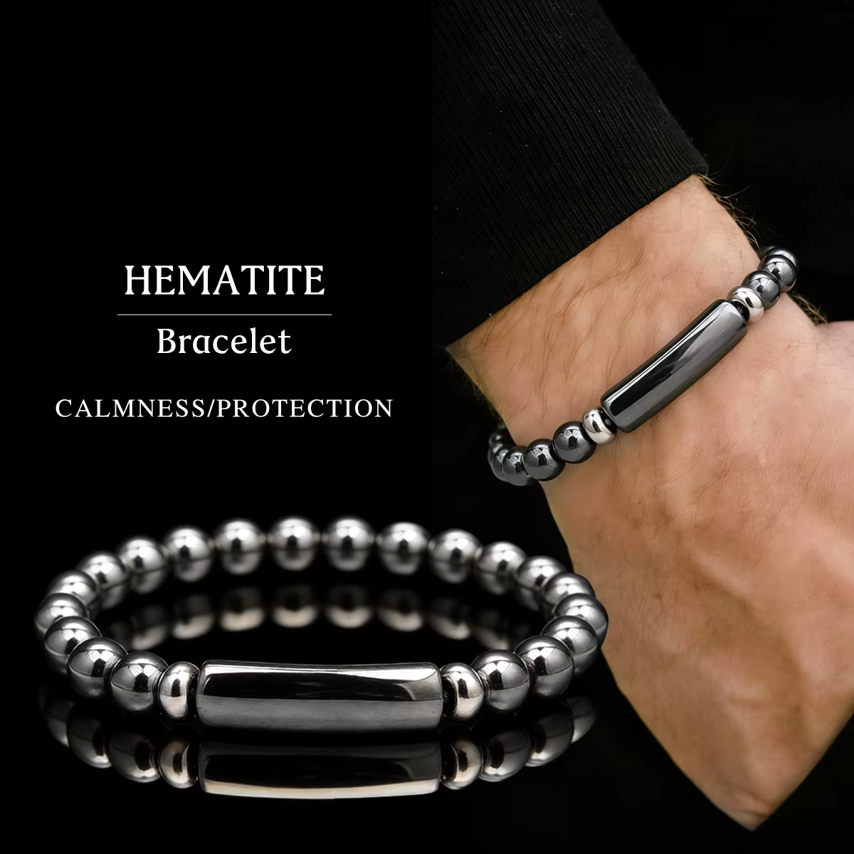 Bracelet en hématite naturelle pour hommes – Perles en forme de baril pour la paix, la protection et la guérison – Bijou en pierre pour soulager le stress et le port quotidien