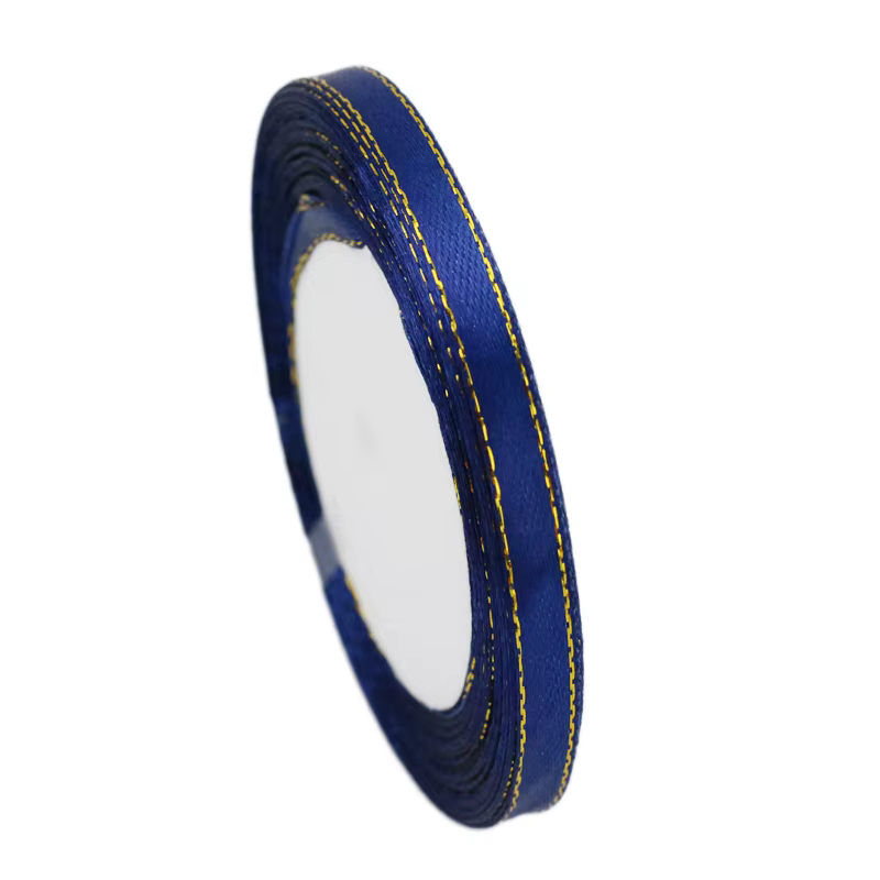 (25 Yards/Lot) Ruban en satin bleu foncé à bord doré Rubans d'emballage cadeau de haute qualité