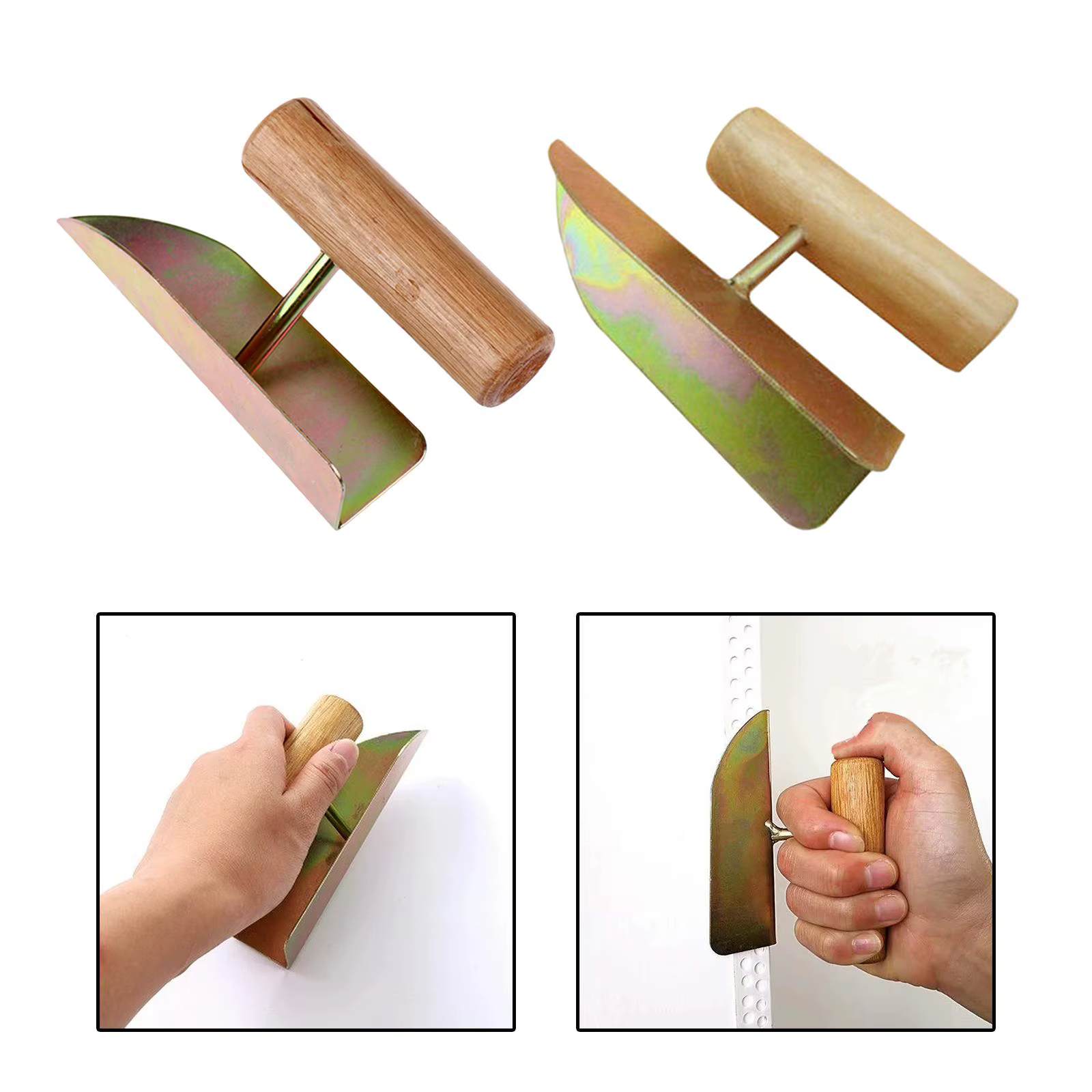 Truelle d'angle pour cloisons sèches avec manche en bois