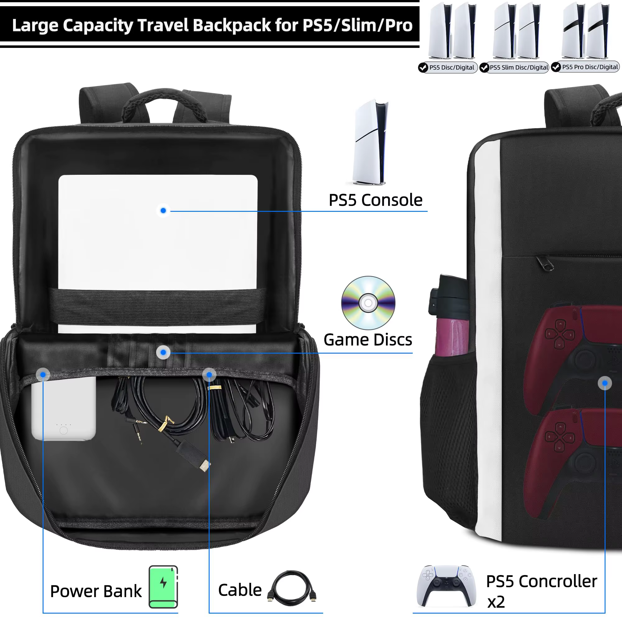 Sac à dos pour console PS5, sac de transport PS5 à protection intégrale, sac de rangement PS5 grande capacité pour deux manettes