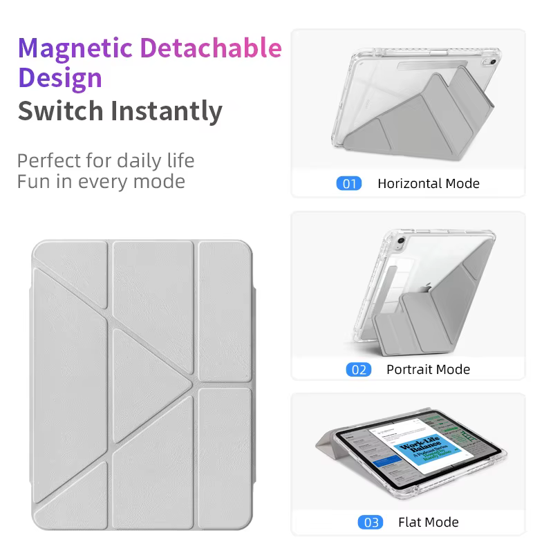 Étui pour iPad Air! Protection magnétique détachable robuste, protection intégrale transparente, emplacement pour stylet, pliage en Y, réveil/veille automatique