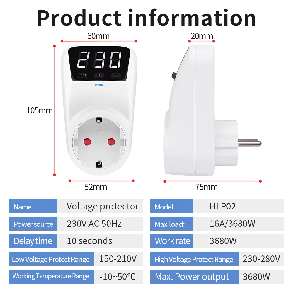 Nouvelle prise de Protection de tension réglable AC 230V 16A, Protection contre les surtensions automatique, prise ue, Protection contre les surtensions
