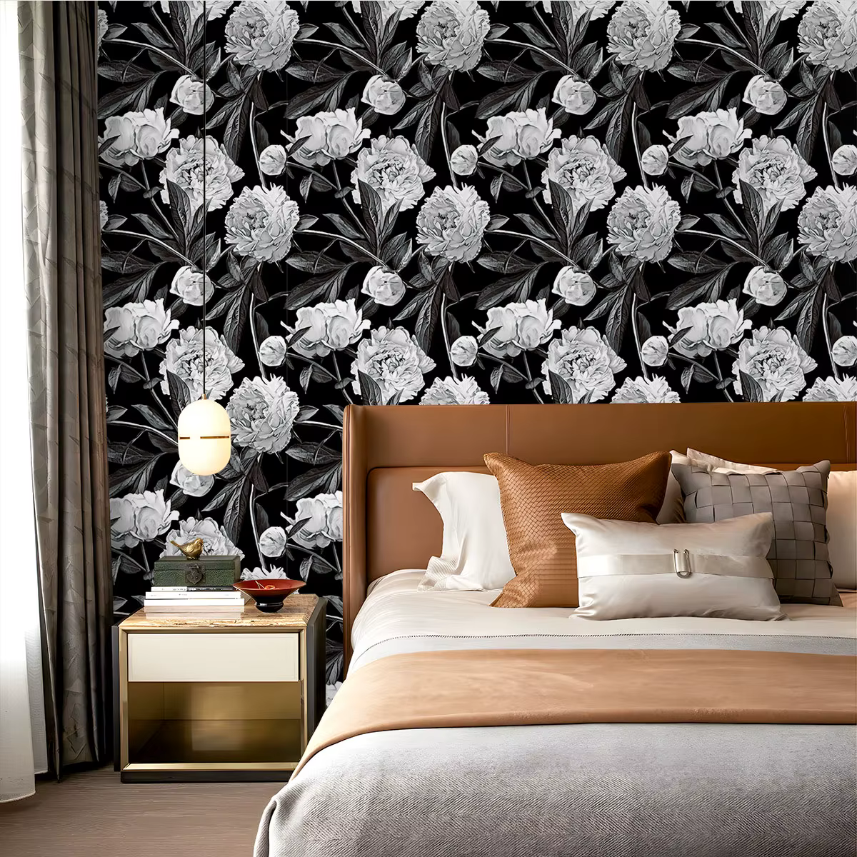 1 rouleau de papier peint cyclique à motifs floraux noir et blanc