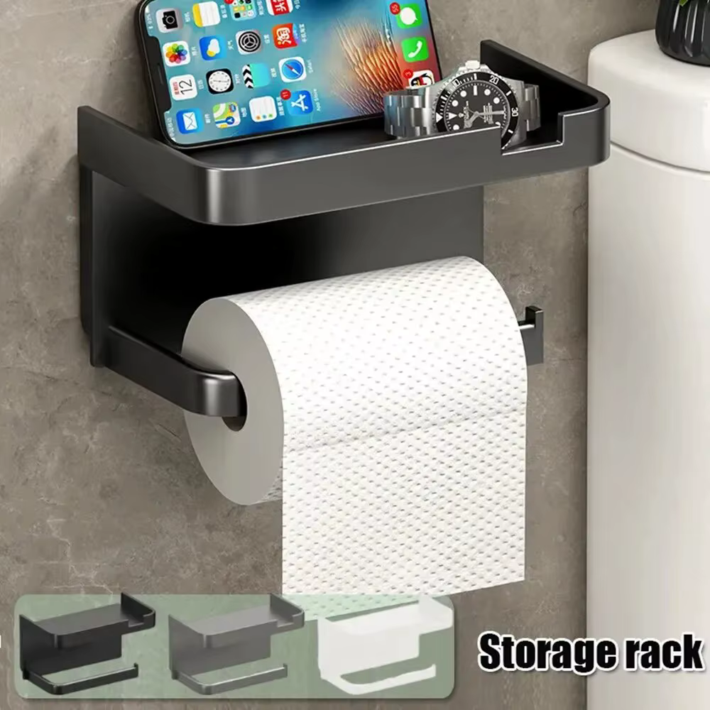 Porte-papier toilette mural avec étagère, porte-rouleau de papier toilette pour téléphone, mouchoirs et rangement d'objets de petite taille