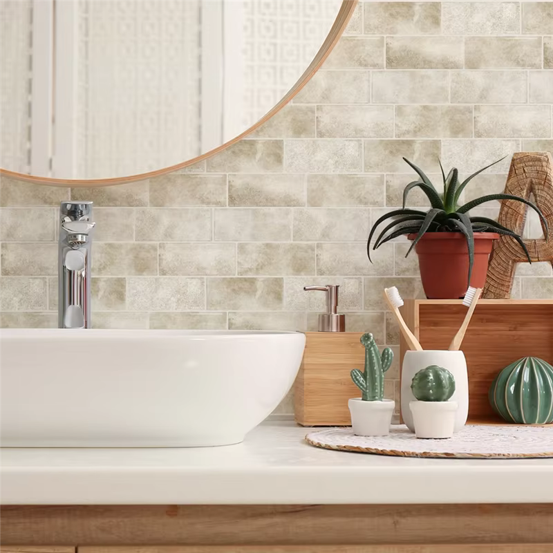 Carreaux muraux pour salle de bains imperméables 10 feuilles pierre Beige peler et coller dosseret Splash bâton sur