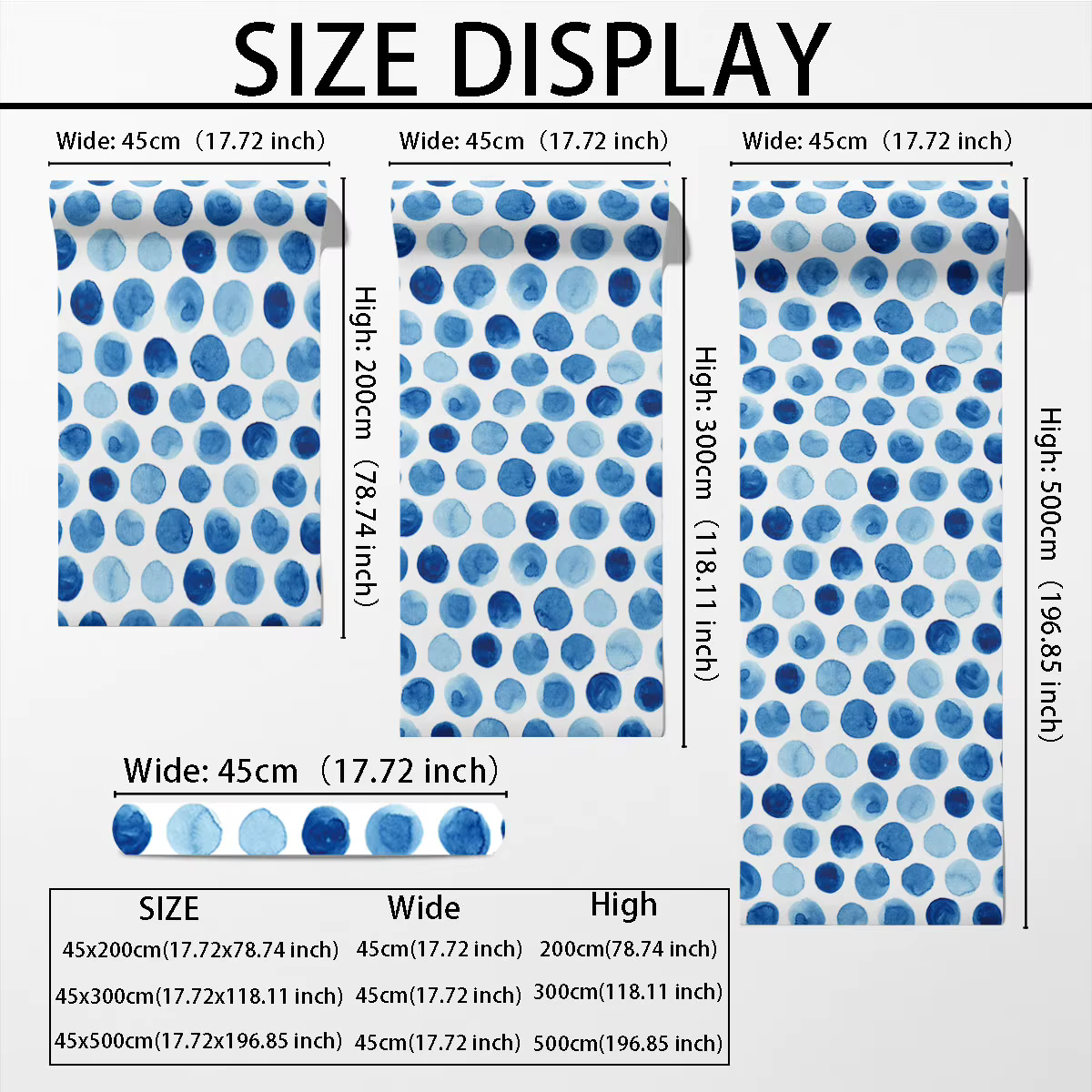 Un rouleau de papier peint cyclique à motif de pois dégradés bleus et blancs.
