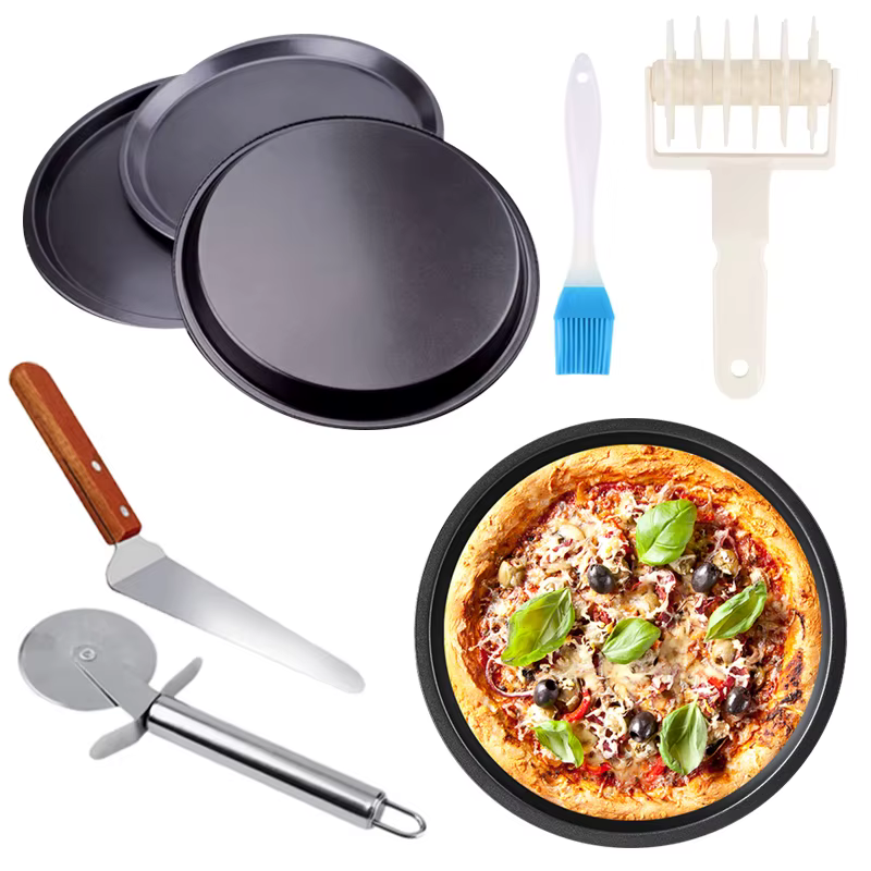 Outils de cuisson de Pizza, plaque à Pizza ronde de 6/8/9/10 pouces, moule antiadhésif en acier au carbone, brosse à huile, rouleau d'aiguilles, pelle, couteau à rouleau ZYF
