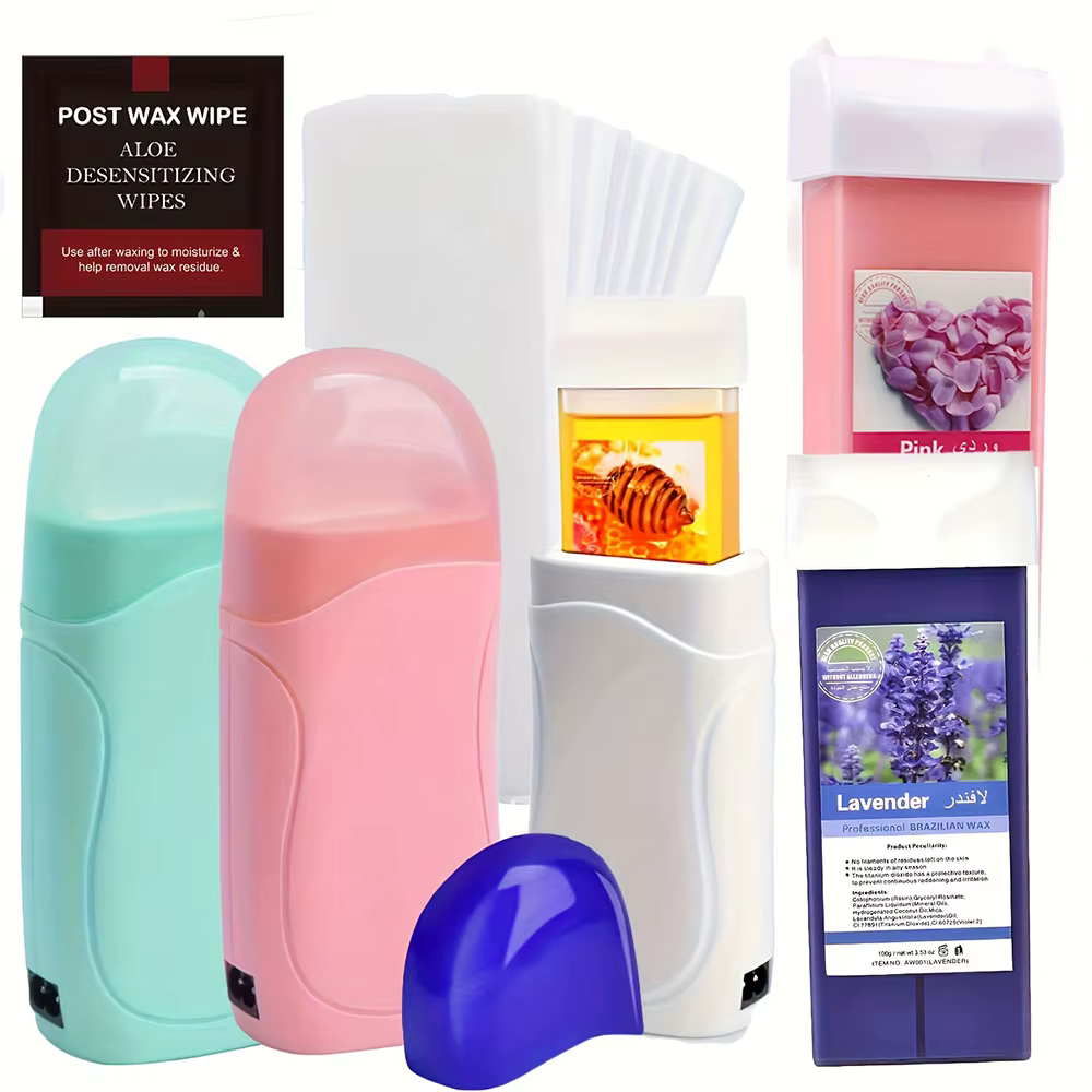 Kit de cire à rouler pour femmes et hommes, avec sensibilité, comprend 1 cartouche de cire, 50 bandes de cire, 5 lingettes, utilisation en tension 110V