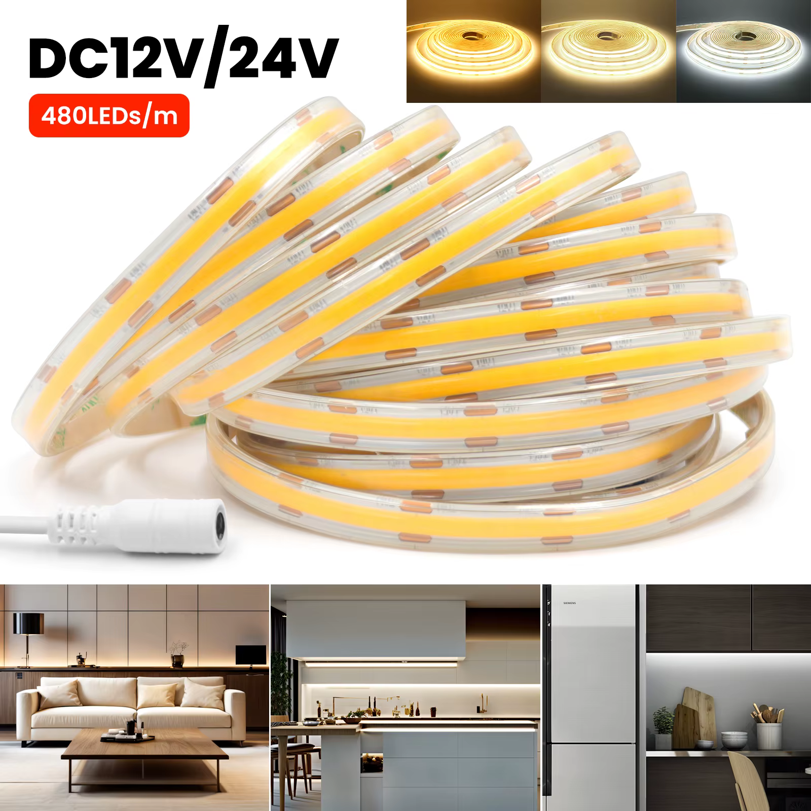 Bande lumineuse LED COB étanche IP65, 12V 24V 10M 5M, corde de lampe Flexible, 480 diodes/M, éclairage linéaire lumineux haute densité