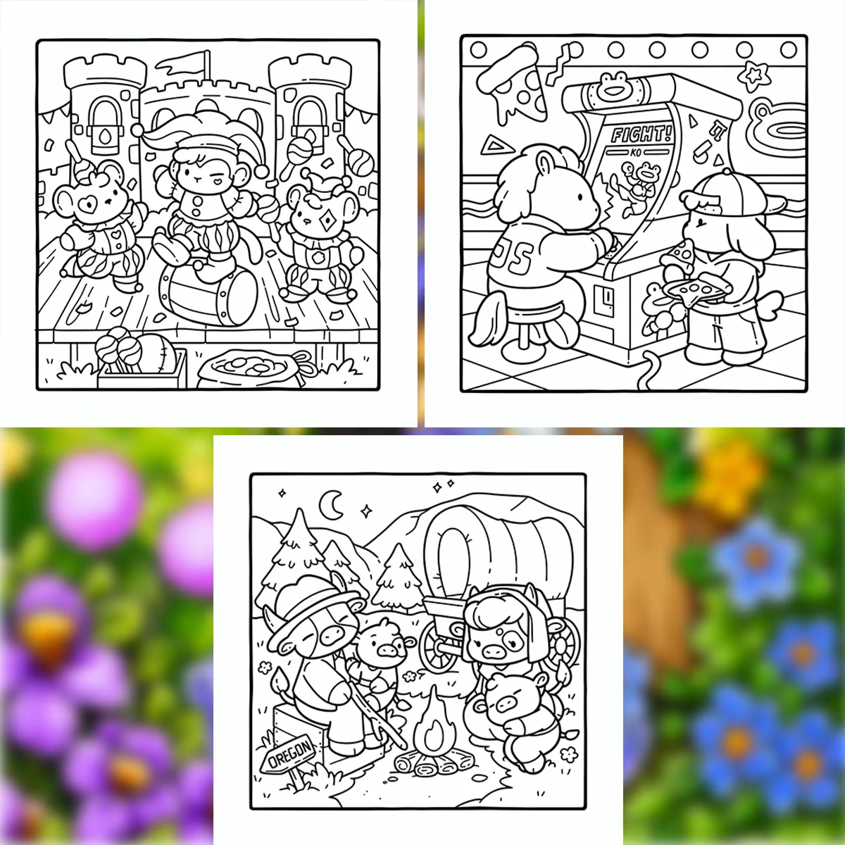 Livre de coloriage Cozy Eras 2 : Patinoire rétro, lapin, lion, chat, animaux mignons, livre de dessin anti-stress