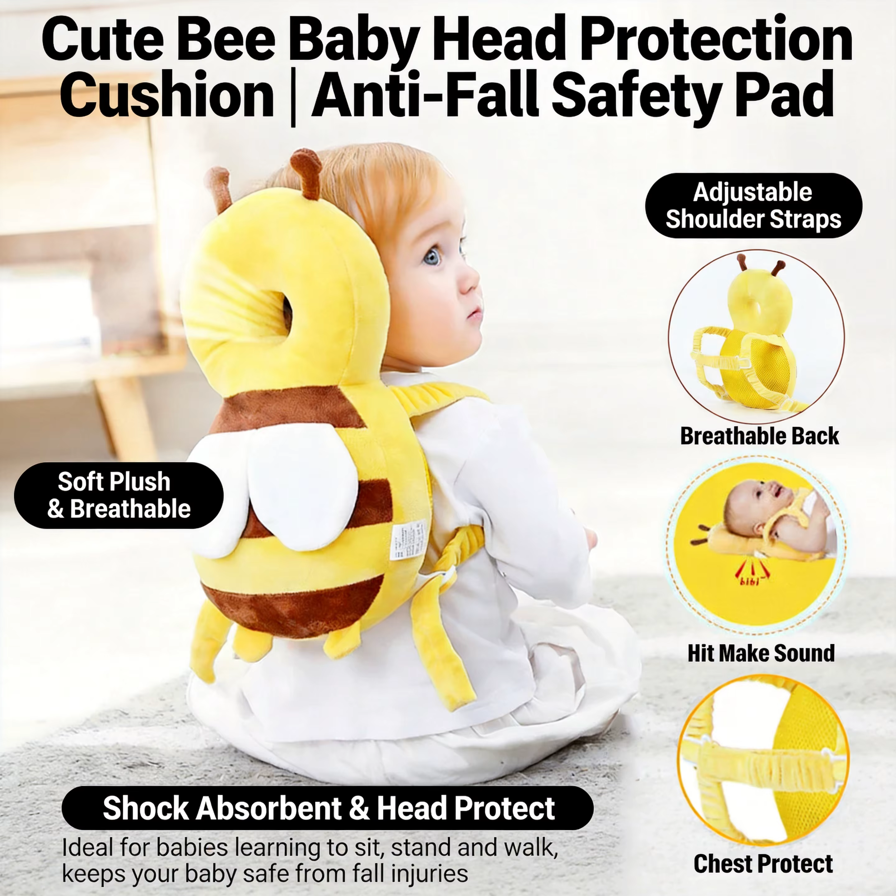 Coussin de protection pour la tête et le dos du bébé, coussin de sécurité pour l'apprentissage de la marche des tout-petits, protection contre les chutes, casque enfant motif abeille