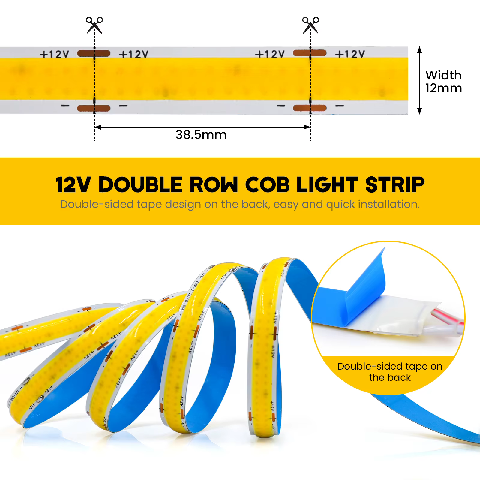 Bande lumineuse flexible à LED COB, 12V, 24V, 600 gible/m, haute luminosité, FOB, double nucléoRA90, 3000K, 4000K, 6000K, intensité variable