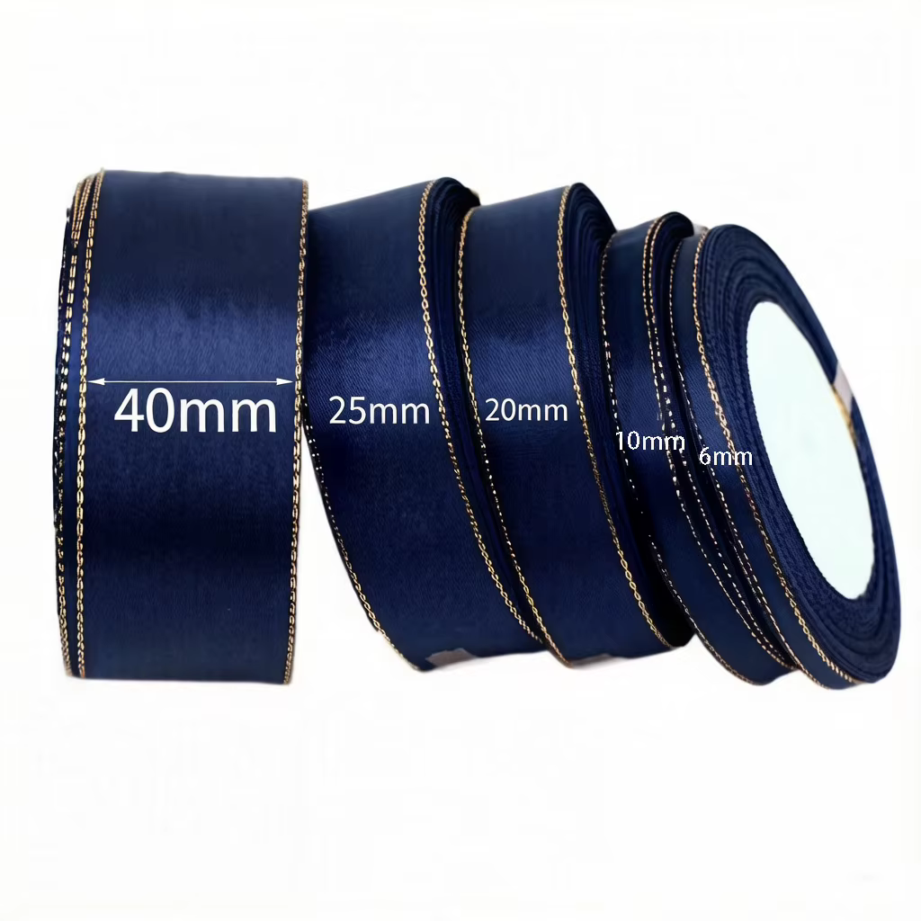 (25 Yards/Lot) Ruban en satin bleu foncé à bord doré Rubans d'emballage cadeau de haute qualité