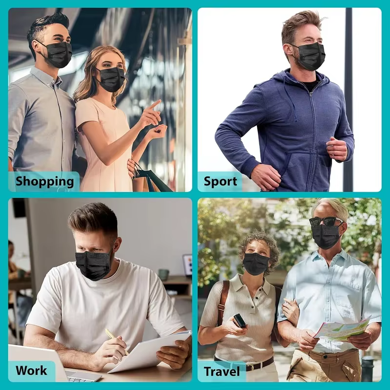 100 masques jetables à filtration protectrice à 4 couches, adaptés aux fêtes, aux voyages et aux activités de plein air.