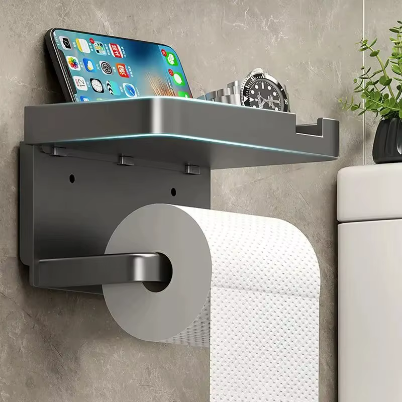 Porte-papier toilette mural avec étagère, porte-rouleau de papier toilette pour téléphone, mouchoirs et rangement d'objets de petite taille