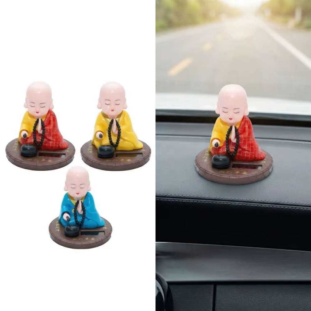 Bouddha Solaire Qui Hoche la Tête pour la Prière et la Prospérité, Figurines Artisanales Décoratives de Moine Bouddhiste en Bois