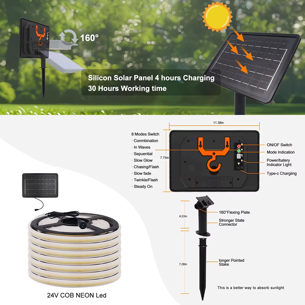 Bande lumineuse LED solaire néon 5M 10M 24V étanche 8 modes 320 LED/m Lampe flexible IP68 Décoration extérieure pour fête et jardin 0.5m 1m 2m 3m