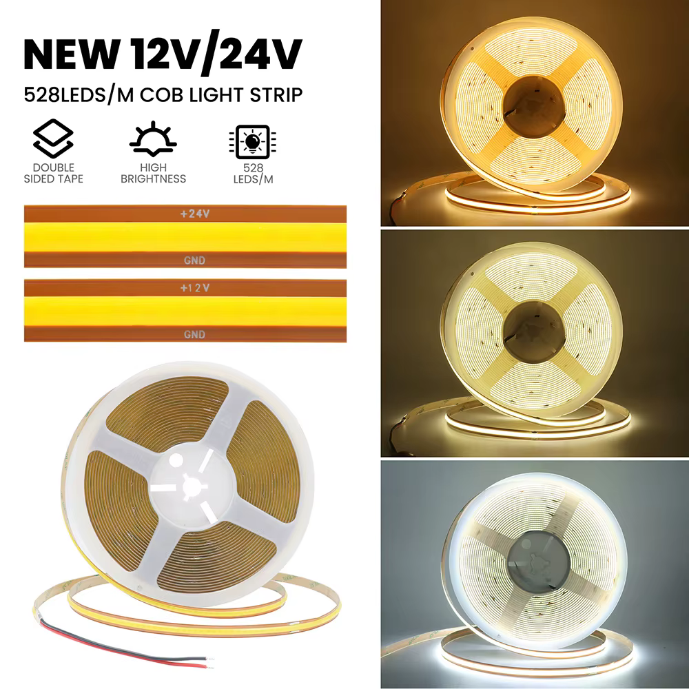 Bande lumineuse LED COB, coupe libre, 12V 24V, 1m, 2m, 5m, 10m, 0.5m, bande Flexible, 528 diodes/M, éclairage linéaire haute densité, blanc chaud/naturel