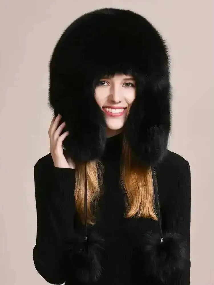 Chapeau d'hiver en vraie fourrure de renard pour femmes et hommes, casquette moelleuse et épaisse, douce, chaude, coupe-vent, protection des oreilles avec pompon en fourrure pour l'extérieur