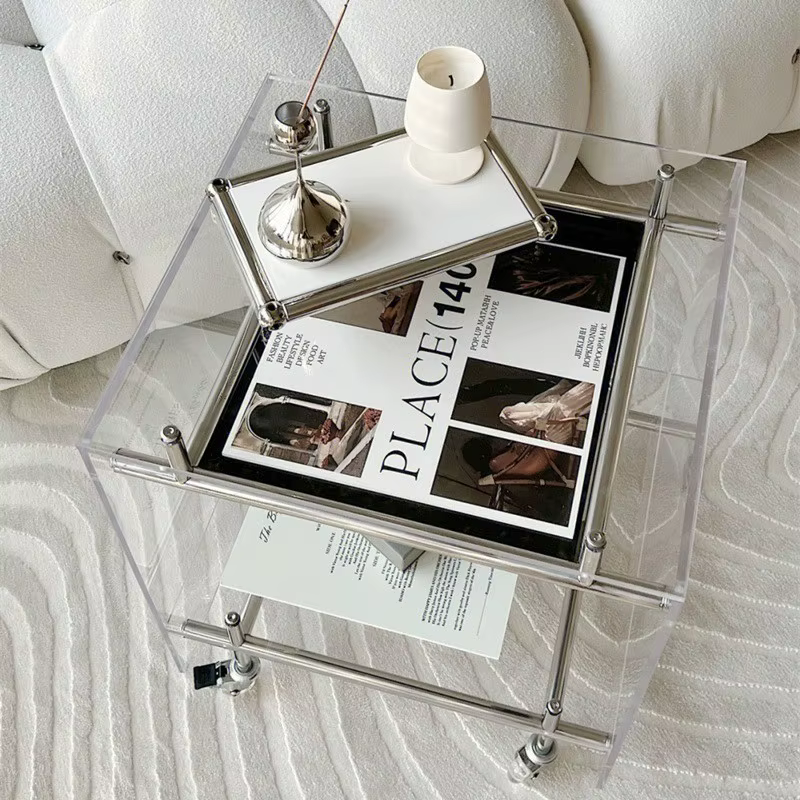 Table basse moderne Tables d'extrémité carrées minimalistes Table à thé créative Tables d'appoint en acrylique Transparent sur roulettes Design de décoration