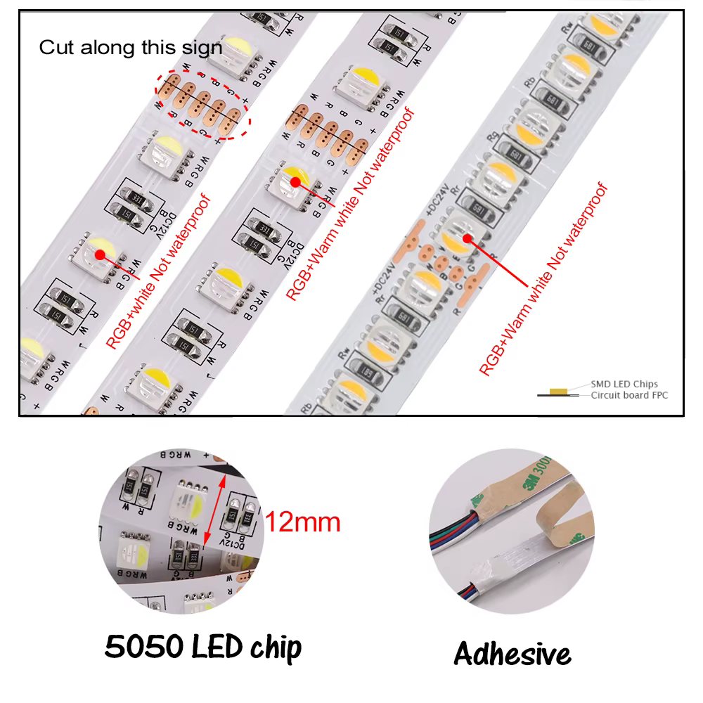 Ruban LED RGBWW RGBW 12V 24V, 60/108/120 gible/m, étanche IP21/65/IP67, flexible 5050, pour la décoration des pièces