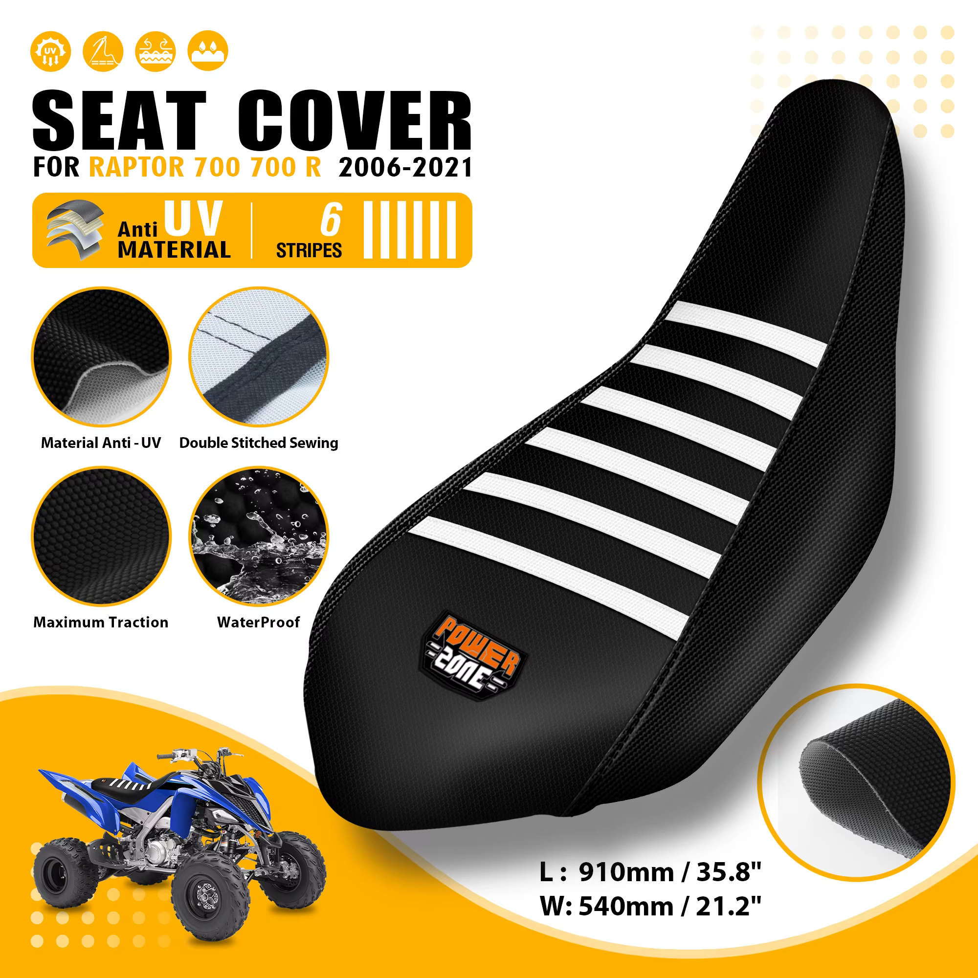 Housse de siège souple côtelée Powerzone pour moto Raptor 700 700 R 2006-2021, coussinets de siège en caoutchouc antidérapants et imperméables, protection