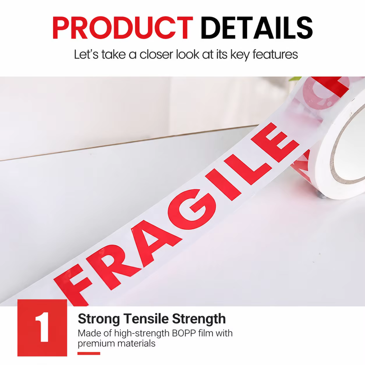 1/2 Rouleau de Ruban Adhésif de Sécurité Rouge Fragile 48W*50 Mètres