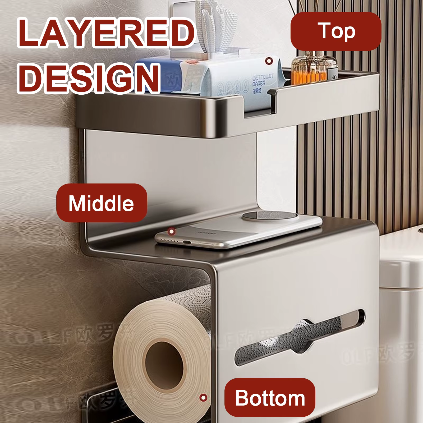 Porte-rouleau de papier toilette mural, distributeur de mouchoirs pour salle de bain, à ventouse/autocollant avec support de rangement, facile à installer