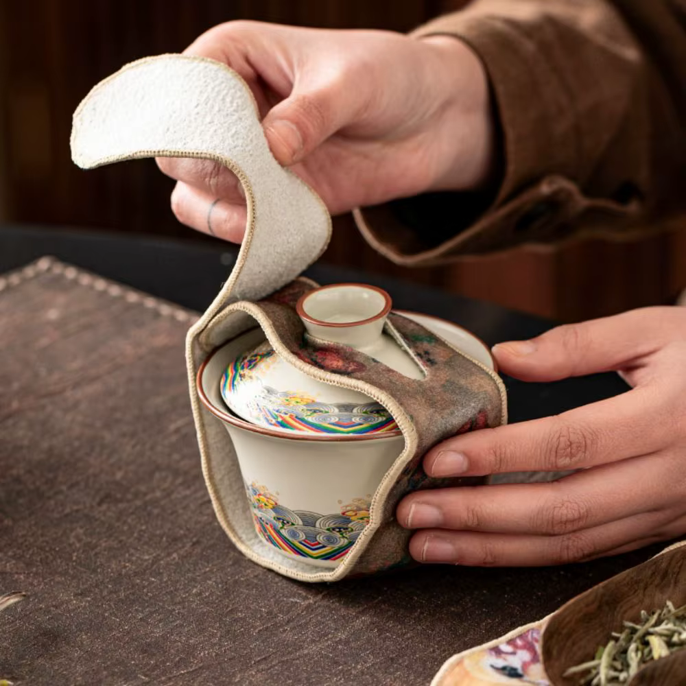 Housse de protection en peluche pour service à thé, anti-choc et anti-chute, pour théière et porte-tasses, accessoires de thé, style chinois