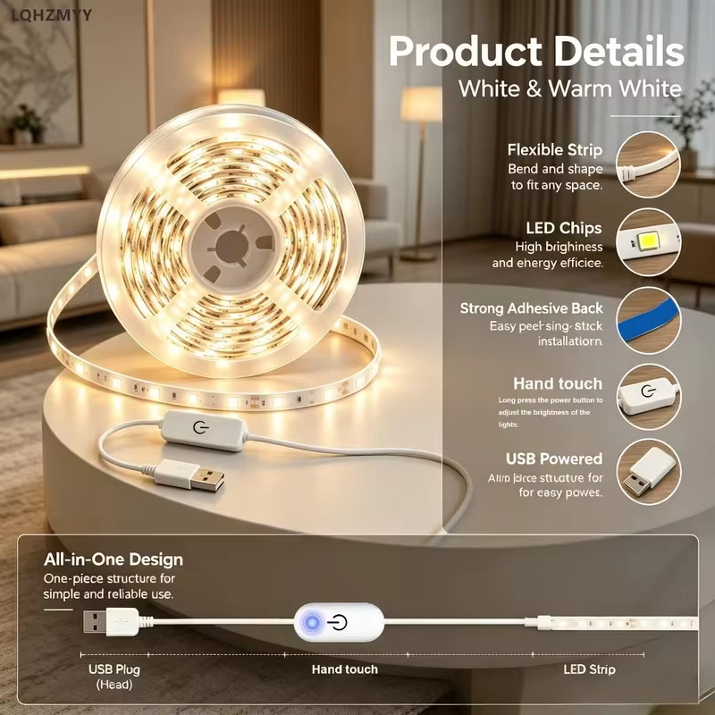 1 bande lumineuse LED avec contrôle tactile et variateur d'intensité, basse tension 5V, alimentée par USB, interrupteur tactile, pression longue durée pour ajuster la luminosité, peut être coupée en d