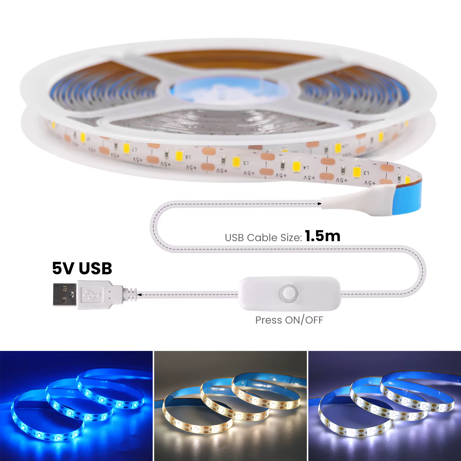 5V 2835 LED bande lumineuse USB 60 LED s/m Flexible Fita LED bande avec interrupteur blanc chaud blanc LED étanche lumières pour la décoration de la pièce