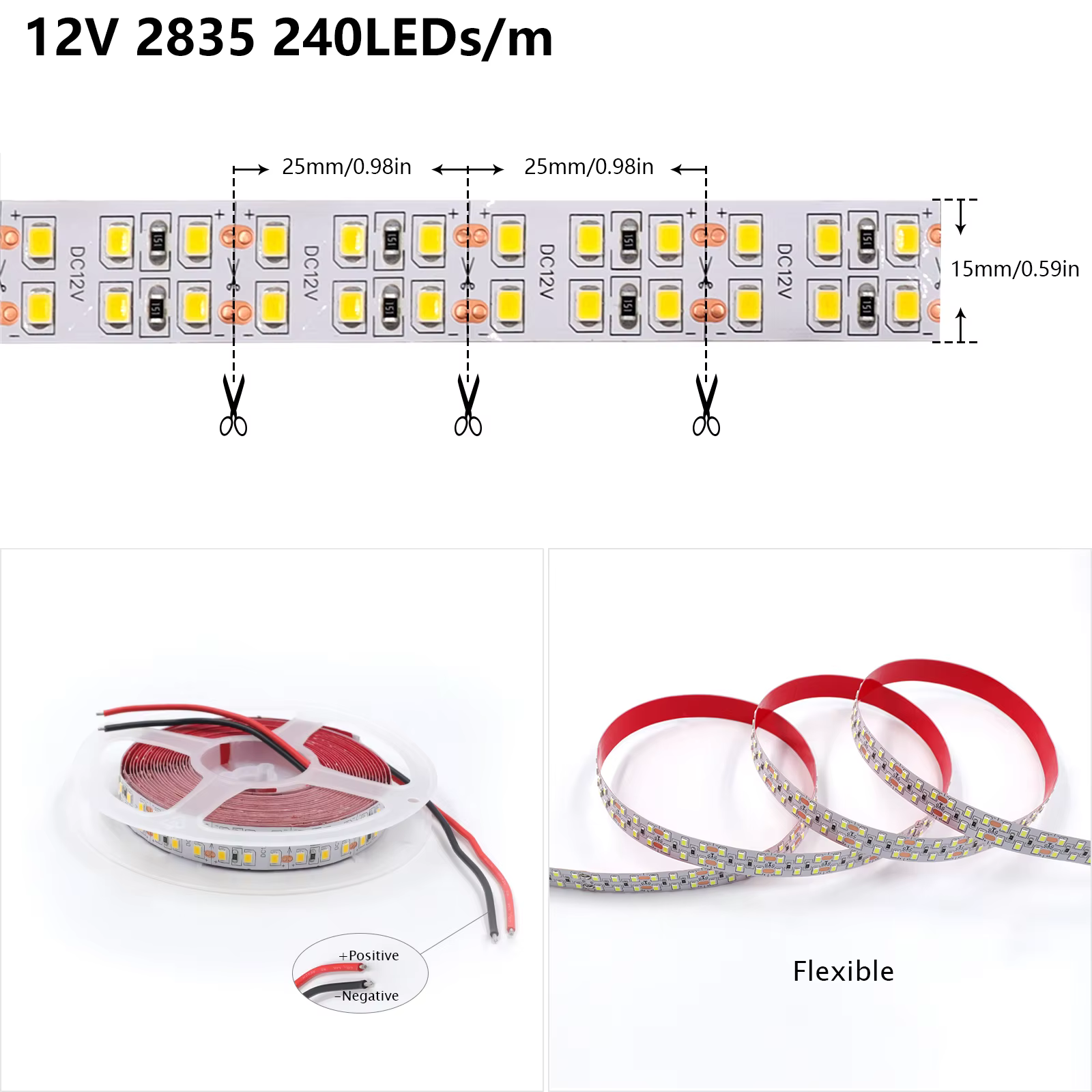 2835 2025 bandes lumineuses LED 12V Super lumineux 624/480/240LED s/m ruban Flexible Double rangée IP21 IP67 bande LED étanche