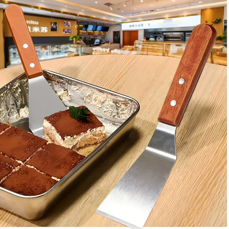 1/2 spatules en acier inoxydable avec bord incliné et manche en bois dur - Grande spatule en métal