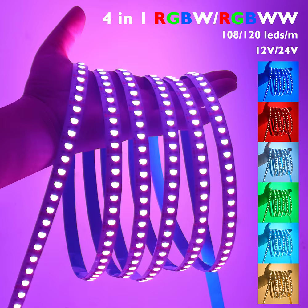 Bande lumineuse Led RGBW RGBWW RGBCCT, 5m, 4 5 couleurs en 1, puce 12V 24V 5050 60 120 108 LED/m, ruban Flexible, DC, décoration de la maison