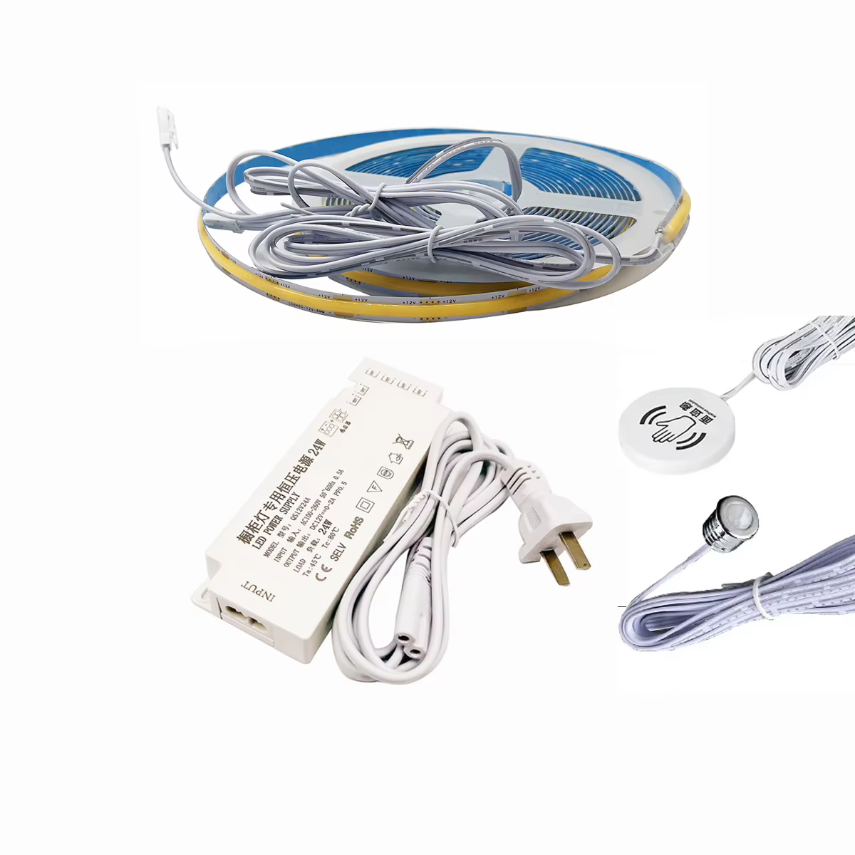 Bande lumineuse LED Cob 12V, 480 LED/m, sous-meuble, pénétration du bois et du verre, capteur, adaptateur d'alimentation à intensité variable, Port Dupont 24w-100w