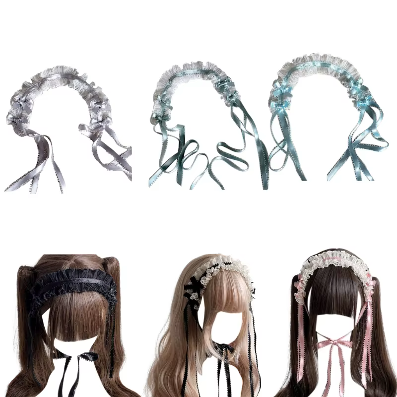 Cerceau cheveux en dentelle à volants pour femmes, avec bandeau en maille, nœud accessoires Cosplay