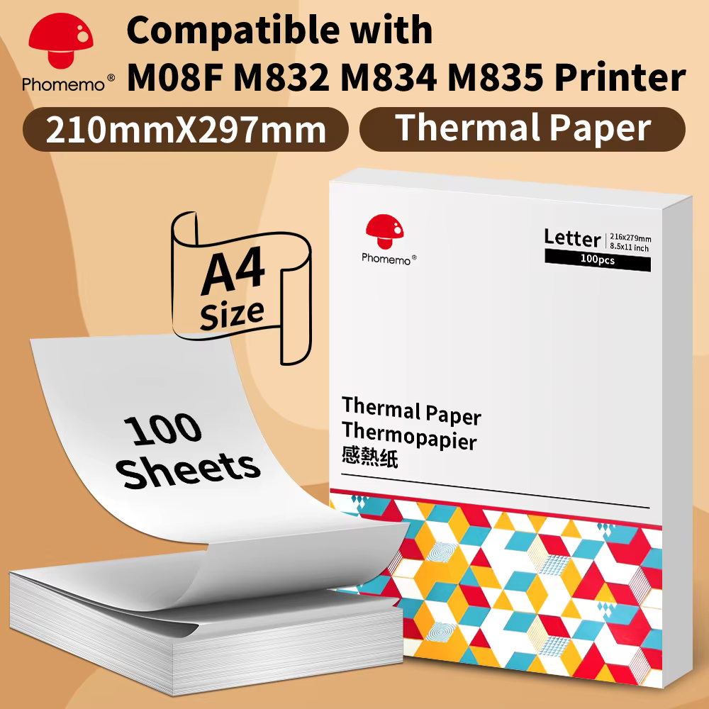 Phomemo A4 imprimante thermique papier lettre papier continu à séchage rapide adapté pour M832/M833/M834/M835 imprimante Portable 2 rouleaux
